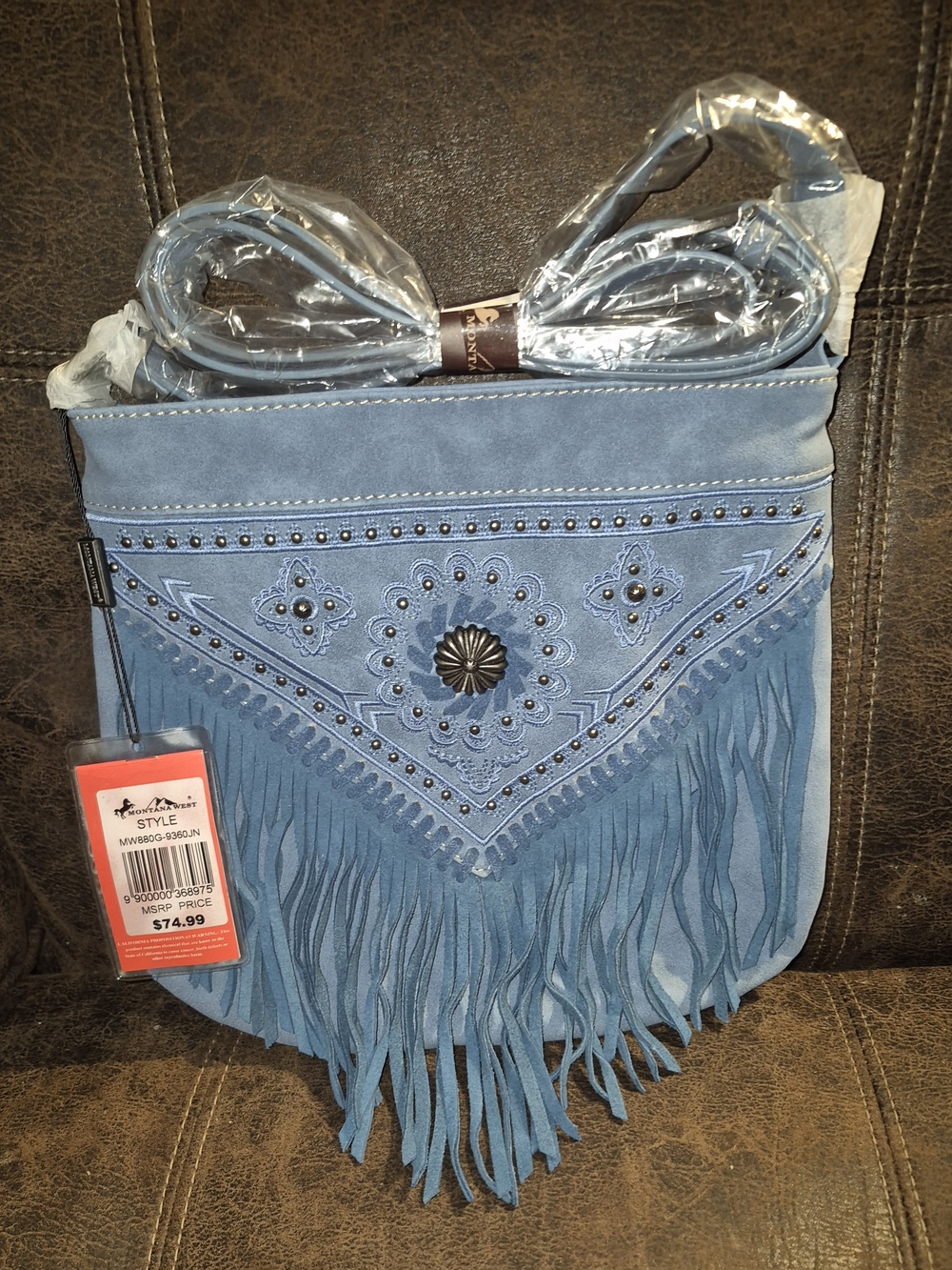Montana West Blue Suede & Leather Fringe Crossbody with Embroidered Concho